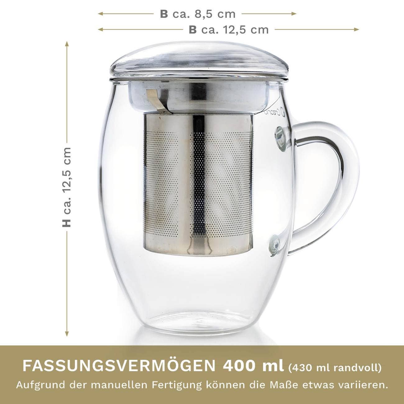 Creano Teeglas all in one 400ml, Große Teetasse mit Edelstah - Tee-hoch-n Teefachgeschäft Online-Shop