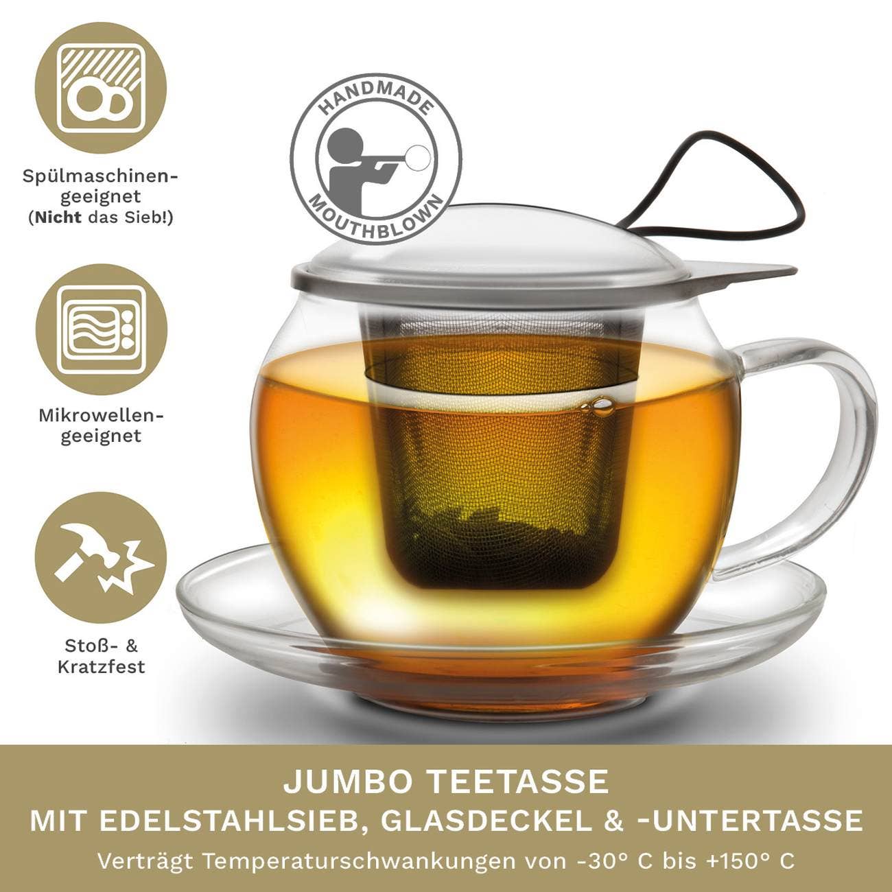 Jumbo-Tasse 450ml mit Sieb - Tee-hoch-n Teefachgeschäft Online-Shop