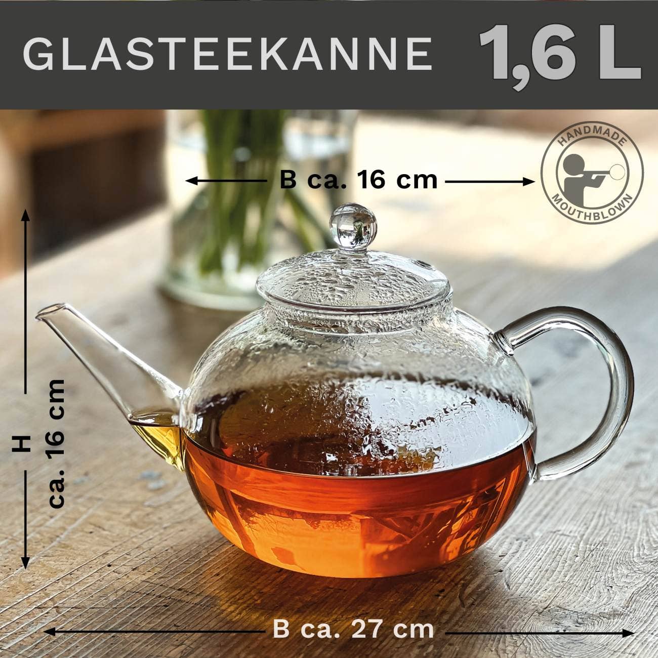 Glas Teekanne flach; 1,6 Liter - Tee-hoch-n Teefachgeschäft Online-Shop