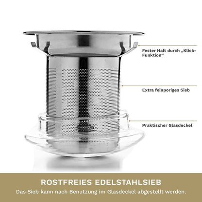 Creano Teeglas all in one 400ml, Große Teetasse mit Edelstah - Tee-hoch-n Teefachgeschäft Online-Shop