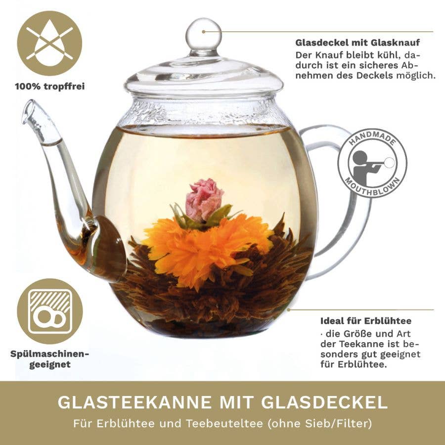 Creano Teekanne aus Glas mit Deckel für 500ml Tee aus Teeblu - Tee-hoch-n Teefachgeschäft Online-Shop