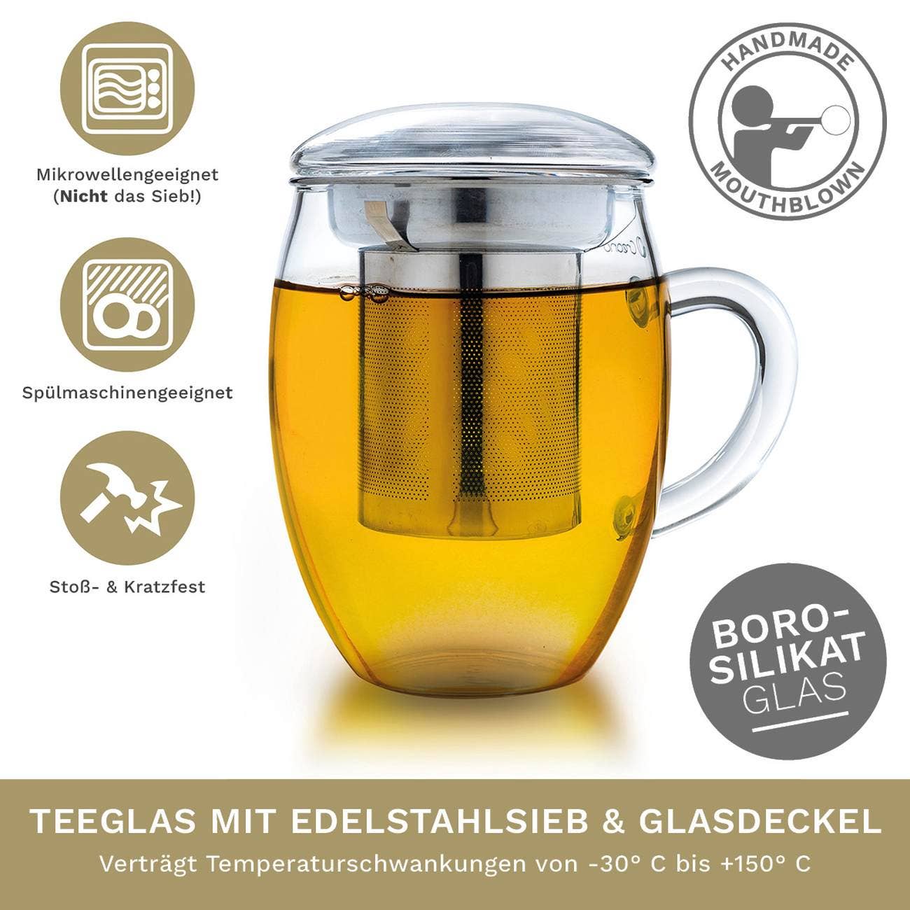 Creano Teeglas all in one 400ml, Große Teetasse mit Edelstah - Tee-hoch-n Teefachgeschäft Online-Shop