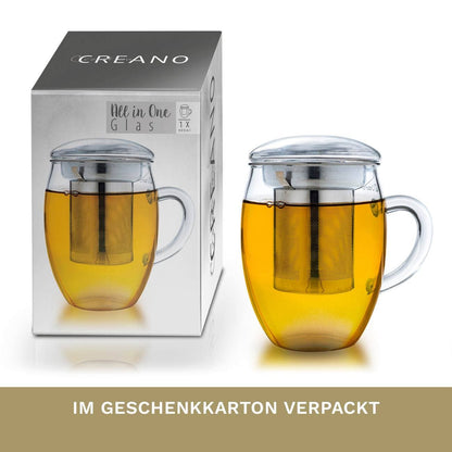 Creano Teeglas all in one 400ml, Große Teetasse mit Edelstah - Tee-hoch-n Teefachgeschäft Online-Shop